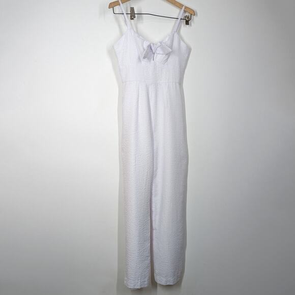 Hutch Savannah White Seersucker Bow Front Wide Leg Jumpsuit Size 2 XS Preowned - Picture 4 of 11